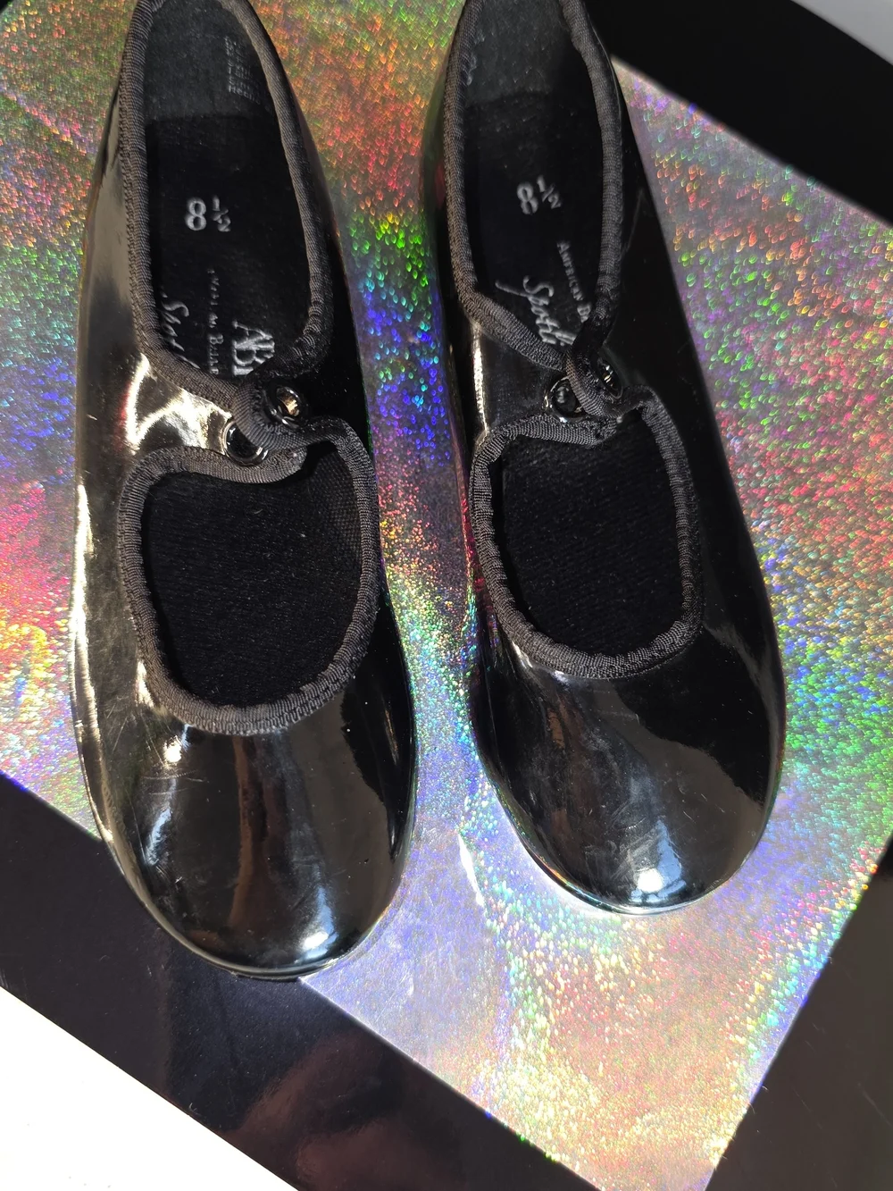 ABT American Ballet Theater Spotlights Black Patent Tap Jazz Shoes Sz 8.5 Flaw**
